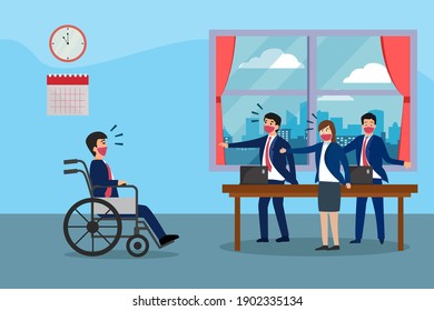 Disability businessman sitting on wheelchair and getting bullying from his partner in the office. Disability discrimination vector concept.