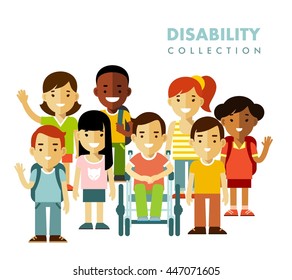 Disability children friendship concept. Disabled boy in wheelchair together with friends isolated on white background