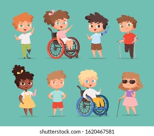 Disability children. Kids sitting in wheelchairs handicapped little persons in school vector cartoon illustrations