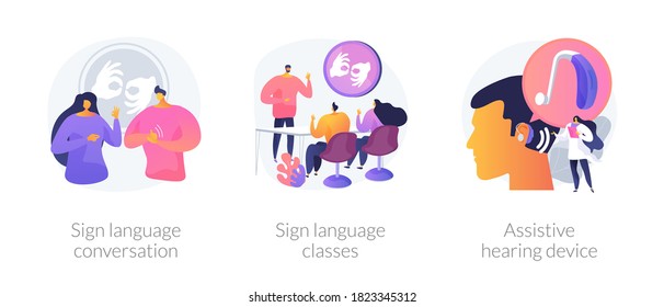 Disability communication abstract concept vector illustration set. Sign language conversation, silent speech classes, assistive hearing device, hand alphabet, deaf people abstract metaphor.