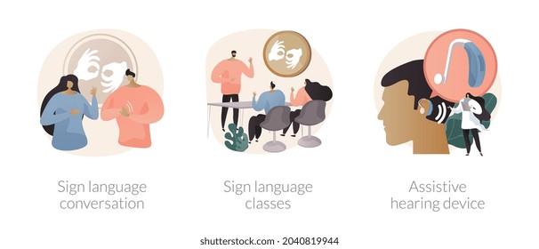 Disability communication abstract concept vector illustration set. Sign language conversation, silent speech classes, assistive hearing device, hand alphabet, deaf people abstract metaphor.