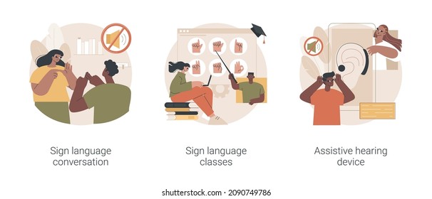 Disability communication abstract concept vector illustration set. Sign language conversation, silent speech classes, assistive hearing device, hand alphabet, deaf people abstract metaphor.