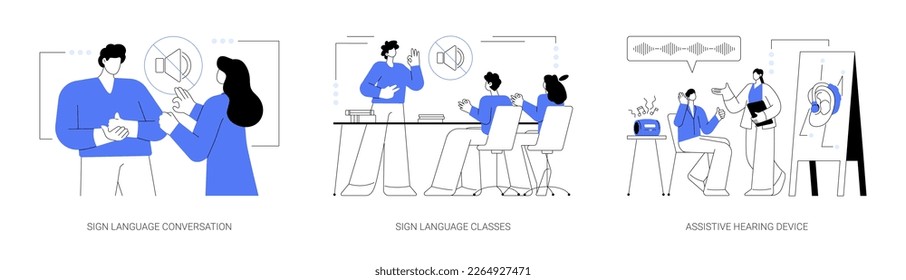 Disability communication abstract concept vector illustration set. Sign language conversation, silent speech classes, assistive hearing device, hand alphabet, deaf people abstract metaphor.