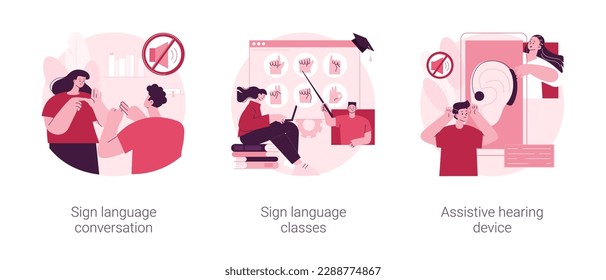 Disability communication abstract concept vector illustration set. Sign language conversation, silent speech classes, assistive hearing device, hand alphabet, deaf people abstract metaphor.