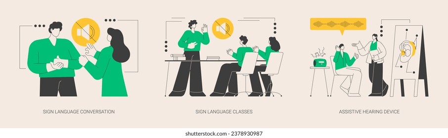 Disability communication abstract concept vector illustration set. Sign language conversation, silent speech classes, assistive hearing device, hand alphabet, deaf people abstract metaphor.