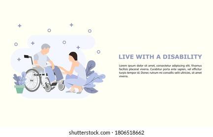 disability community. with wheelchairs and nurse. element flat design for web or social media template post