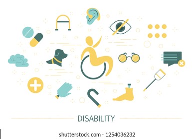 Disability concept. Person with disabilities in wheelchair. Idea of disabled people. Blind or deaf, broken arm or leg. Set of colorful icons. Isolated flat vector illustration