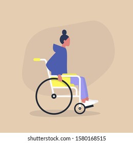 Disability in a daily life, Young disabled female character sitting in a wheelchair