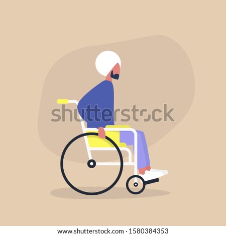 Disability in a daily life, Young disabled indian male character sitting in a wheelchair