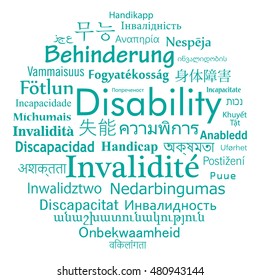 Disability in different language of the world. Vector word cloud for social problem.