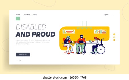 Disability, Disabled Persons Employment Website Landing Page. Handicapped Employees and Healthy Office Worker Sitting Together at Workplace Web Page Banner. Cartoon Flat Vector Illustration, Line Art