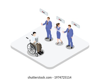 Disability discrimination vector concept. Disabled man applying for job while being rejected by employer