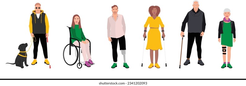 disability diversity people group concept of physical disordered person inclusion vector illustration icon of men and women in wheelchair with prosthetic or crutch blind person and dog
