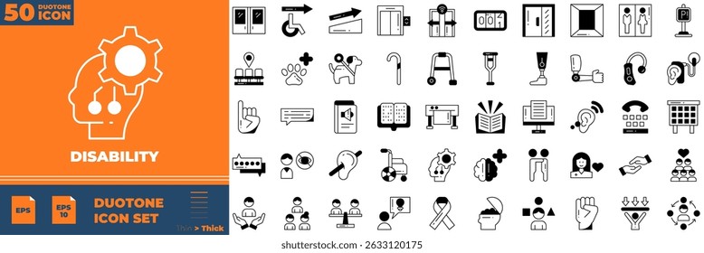 Disability Duotone Editable Icons set. Vector illustration in modern thin duotone style of disability icons: wheelchair, physiotherapy, medical, etc