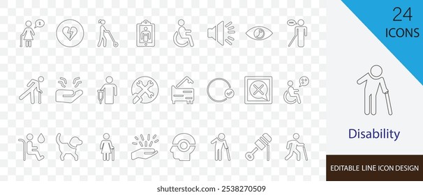 Disability editable line icon set. containing wheelchair, accessibility, back pain, determination, perseverance, guide dog and more stroke design