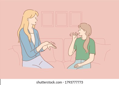 Disability, education, teaching, study, communication concept. Young woman teacher character speaking with deaf mute child kid girl on sign language together. Educational process for disabled people.