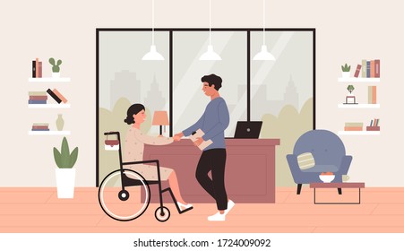 Ilustración vectorial del empleo de la discapacidad. Caricatura joven feliz en silla de ruedas estrechando la mano con el socio o jefe en el cargo, accesibilidad laboral para personas discapacitadas fondo del concepto de persona discapacitada