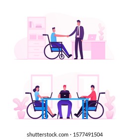 Disability Employment, Work For Disabled People, We Hire All People Concept. Handicapped Character On Wheelchair Adaptation In Office Workplace Or Coworking Zone. Cartoon Flat Vector Illustration