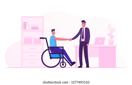 Disability Employment, Work for Disabled People Concept. Handicapped Man Sit in Wheelchair Shaking Hand with Boss or Colleague in Office Introducing with New Workplace. Flat Vector Illustration