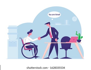 Disability Employment, Work for Disabled People Concept. Handicapped Man Sit in Wheelchair Shaking Hand with Boss or Colleague in Office Introducing with New Workplace. Flat Vector Illustration