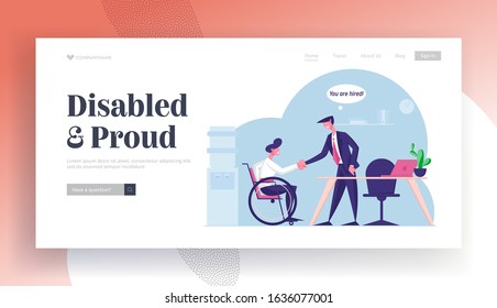 Disability Employment, Work for Disabled People Website Landing Page. Handicapped Man Sit in Wheelchair Shaking Hand with Boss or Colleague in Office Web Page Banner. Cartoon Flat Vector Illustration