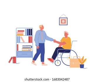 Disability Employment, Work for Disabled People. Handicapped Man Character Sit in Wheelchair Shaking Hand with Boss or Colleague in Office Introducing with New Workplace. Cartoon Vector Illustration