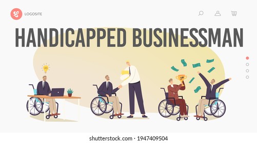 Disability Employment, Work for Disabled People Landing Page Template. Handicapped Businessman Characters on Wheelchair Adaptation in Office Workplace, Handshake, Success. Cartoon Vector Illustration