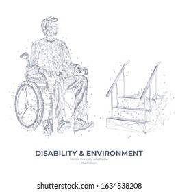 Disability and environment concept. Abstract digital technology innovation vector illustration. Low poly wireframe. Polygons, connected dots. Isolated young disabled in wheelchair on white background.