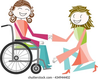 Disability in everyday life. A disabled wheelchair is helped by a woman with complicity and kindness