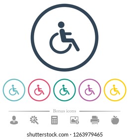 Disability flat color icons in round outlines. 6 bonus icons included.