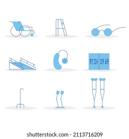 Disability flat minimalist icons set. Wheelchair, stilts, glasses, braille alphabet, ramp, hearing aid,  earphone, crutches, walking stick, prothesis, artificial limb. Vector stickers set. assistive