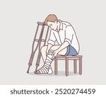 Disability and health problem concept. Young Disabled person man sitting with crutches. Hand drawn style vector design illustrations.