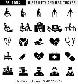 Disability and Healthcare Icons Set - Medical, Hospital, Accessibility, Wheelchair, Crutches, Stethoscope, Nursing, First Aid, Ambulance, Syringe, Rehabilitation, Patient Care, Doctor, Medicine