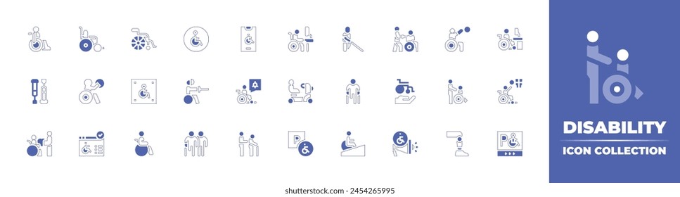 Colección del icono Disability. Trazo de línea de estilo duotono y negrita. Ilustración vectorial. Conteniendo a la persona discapacitada, discapacitada, amor, ayuda, silla de ruedas, ciega, muletas, personas discapacitadas, baloncesto.