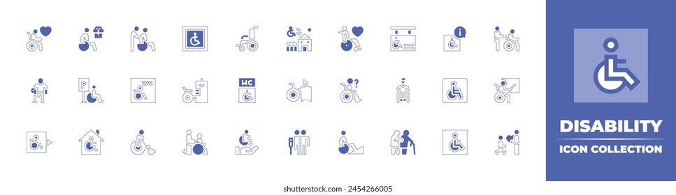 Disability icon collection. Duotone style line stroke and bold. Vector illustration. Containing disabled person, wheelchair, parking, disabled people, disabled, wc, disabled sign, disability.