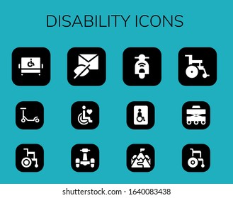 Disability Icon Set. 12 Filled Disability Icons.  Simple Modern Icons Such As: Disabled, Scooter, Wheelchair, Hidden, Disability, Wheelchairs, Ramp, Walker