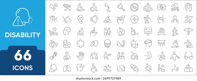Symbol für Behinderung mit Symbolen für Barrierefreiheit, Rollstuhl, Braille-Schrift, Hörvermögen und Mobilität. Perfekt für das Gesundheitswesen und NGOs.
