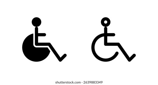 Disability Icon Set. A black glyph and outline icon of a wheelchair, representing accessibility.