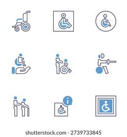 Disability icon set. Bold line style. Duotone colors. Editable stroke. wheelchair, disabled, disabled people, disabled sign, disability.