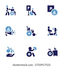 Disability icon set. Bold style. Duotone colors. parking, care, wheelchair, loudspeaker, basketball, disabled people, workplace.