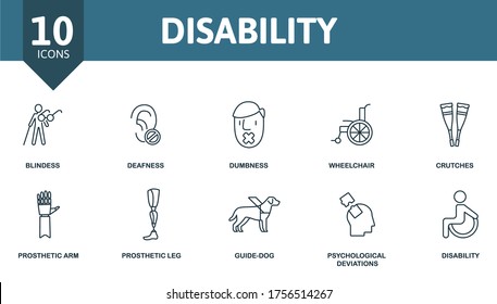 Disability icon set. Collection contain deafness, wheelchair, prosthetic arm, guide-dog and over icons. Disability elements set.