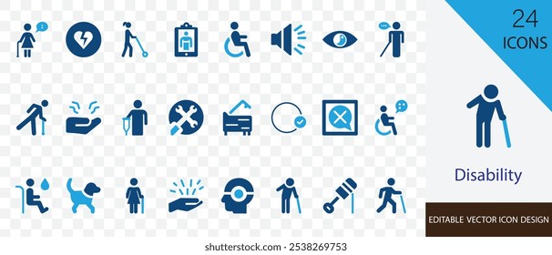 Disability icon set. containing wheelchair, accessibility, back pain, determination, perseverance, guide dog and more vector design