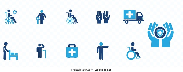 Disability icon set. Containing wheelchair, accessibility, blind, broken leg, disabled, assistance and deafness icons. Solid icon collection. 