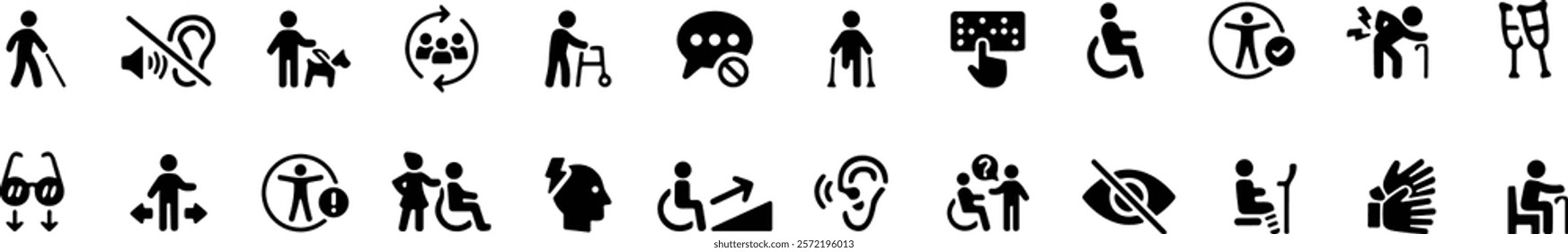 Disability icon set. Containing wheelchair, accessibility, blind, broken leg, disabled, assistance and deafness icons. Vector illustration