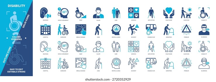 Disability icon set. Deafness, Mental Illness, Injury, Blindness, Guide Dog, Speech Impairment, Disabled Car, Ramp. Duotone color solid and editable outline icons