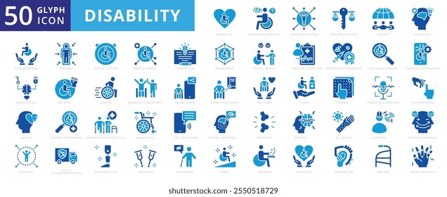 Disability icon set with developmental, wheelchair, sports, working, physical, mental, migraine, arthritis, allergies, sensory, sign language, cognitive, self care, activist, epilepsy, and blindness