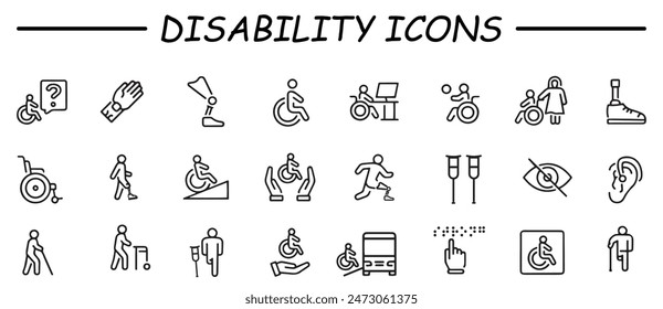 Disability, icon set. disabled people, handicap, physical impairments, assistance, linear icons. 