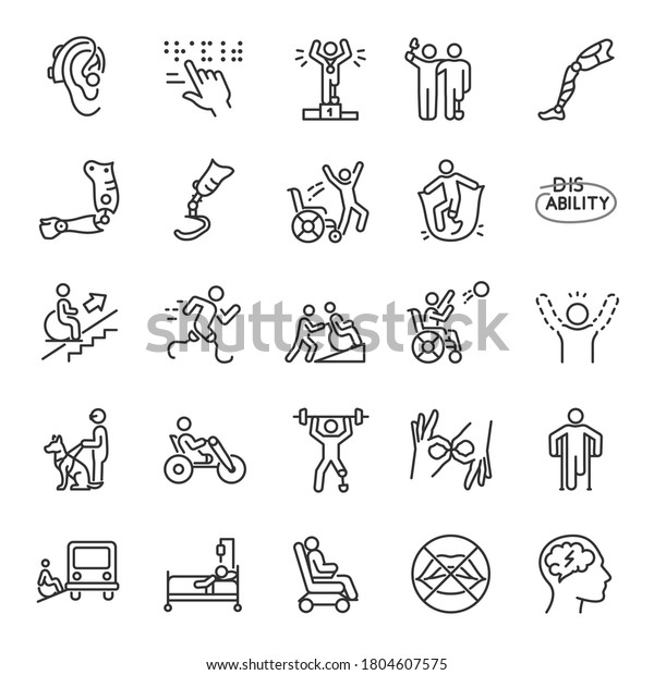 Disability, icon set. disabled people, handicap,
physical impairments, assistance, linear icons. Line with editable
stroke
