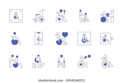 Disability icon set. Duotone style line stroke and bold. Vector illustration. Containing disabled person, wheelchair, paralympic, disabled people, love, disabled, disabled sign, disability.