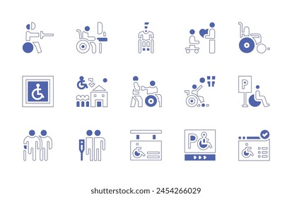 Conjunto de iconos de discapacidad. Trazo de línea de estilo duotono y negrita. Ilustración vectorial. Conteniendo estacionamiento, ayuda, cuidado, silla de ruedas, personas con discapacidad, signo de discapacidad, persona con discapacidad, discapacitados, vivienda.